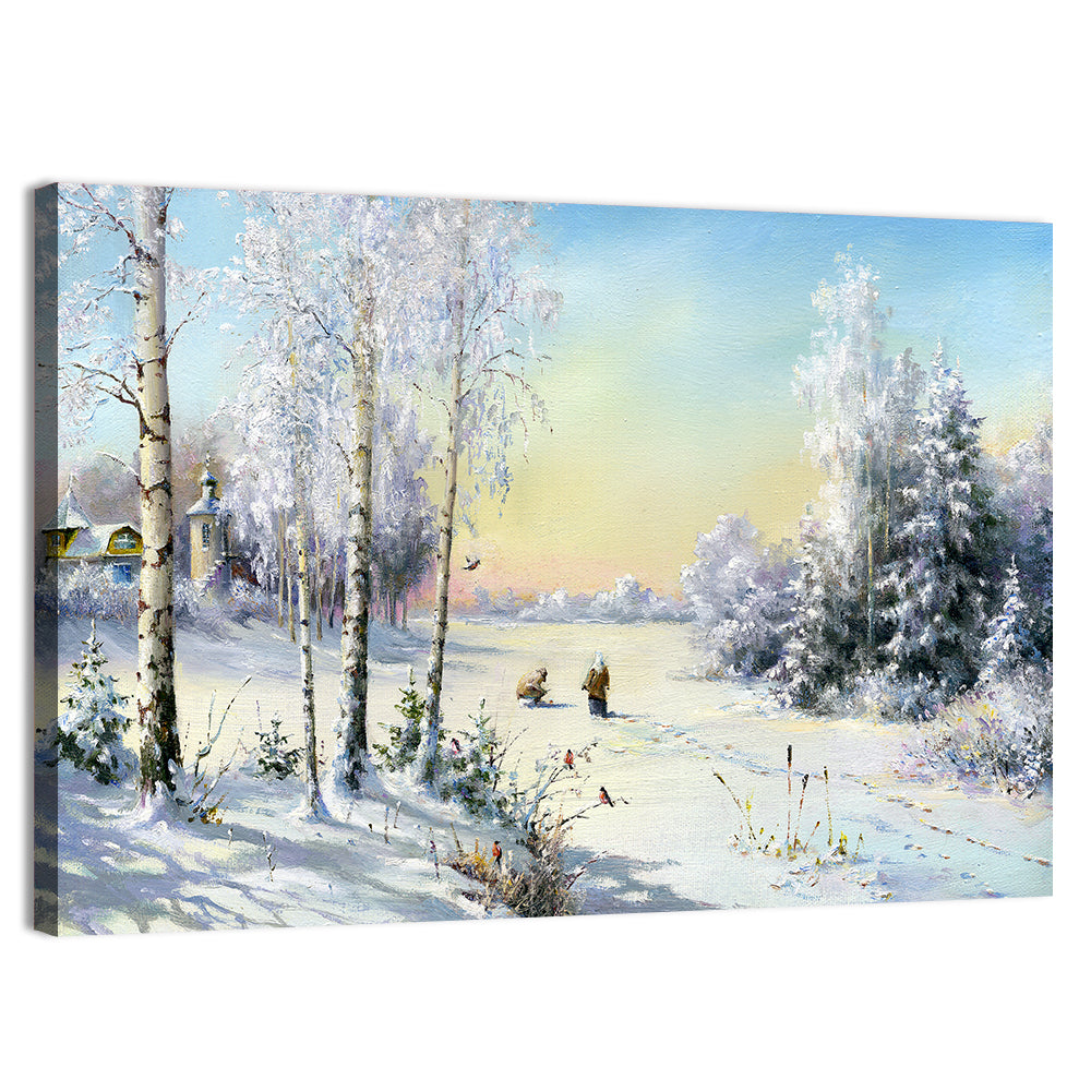 Birch-framed Winter Village Wall Art