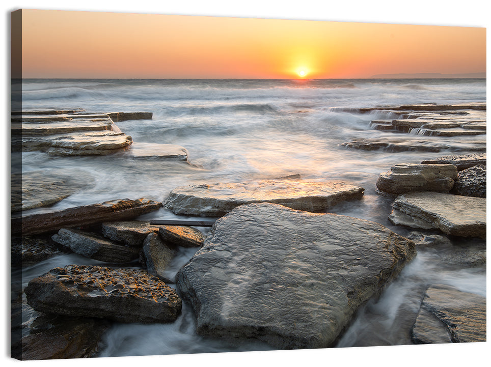 Golden Hour Rock Shoreline Sunset Wall Art, canvas print, landscape