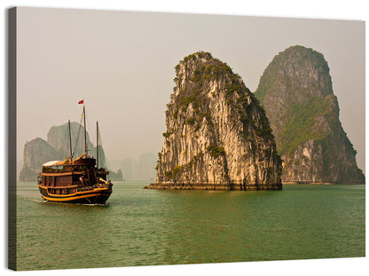 Ha Long Bay Junk Boat and Karst Cliffs Wall Art