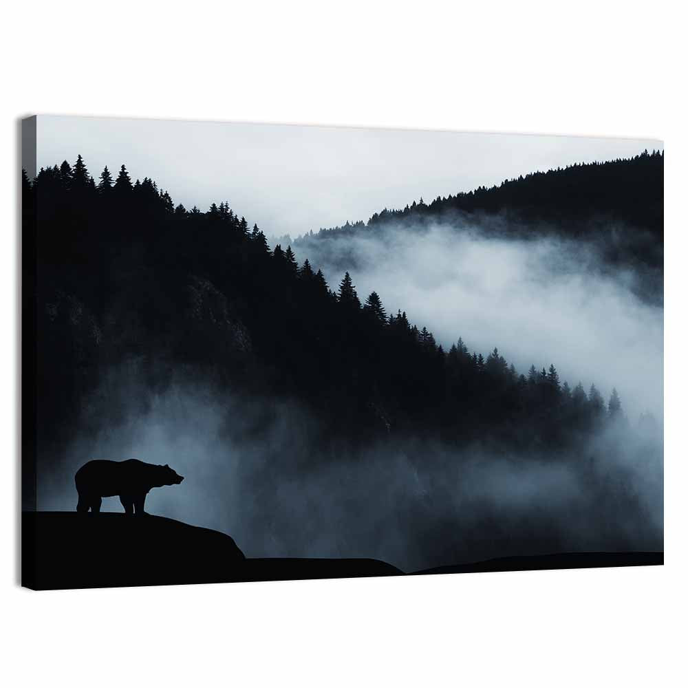 Bear Silhouette on Misty Cliff Wall Art, canvas print, landscape