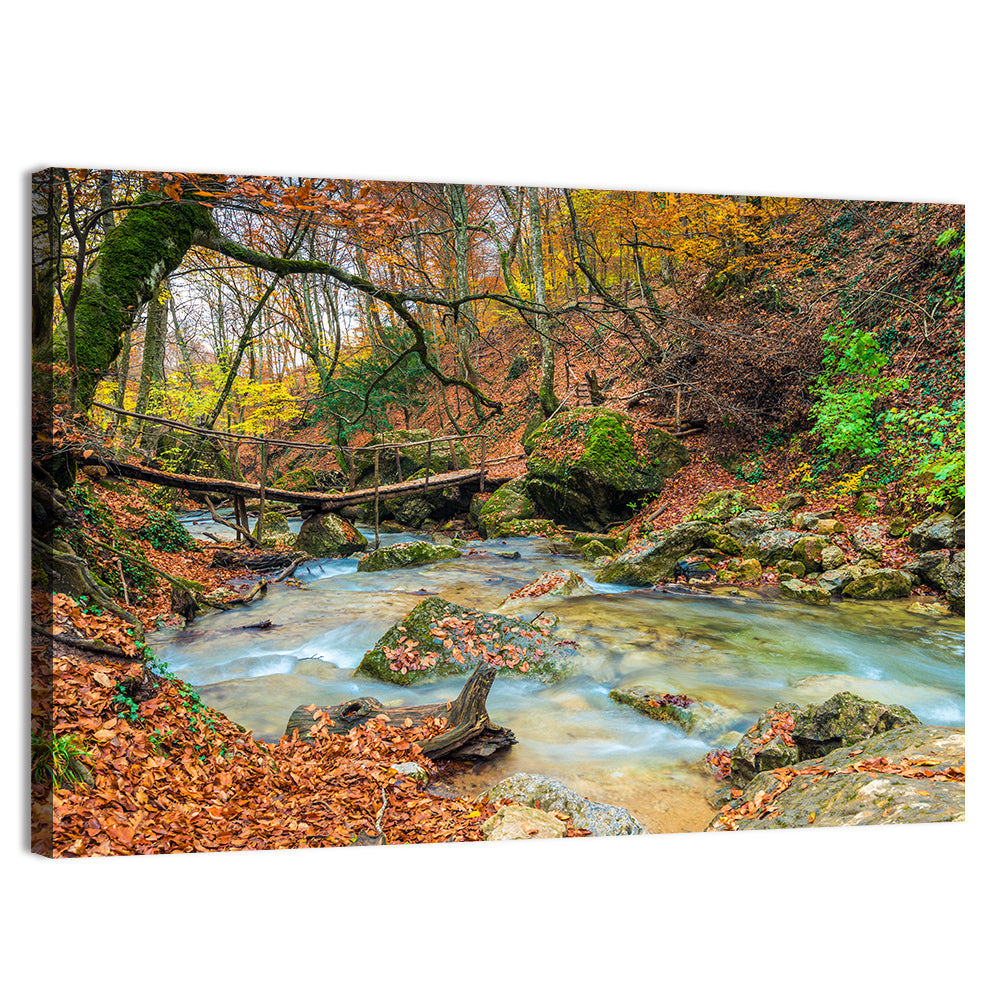 Mossy Footbridge in Autumn Forest Wall Art, canvas print, landscape