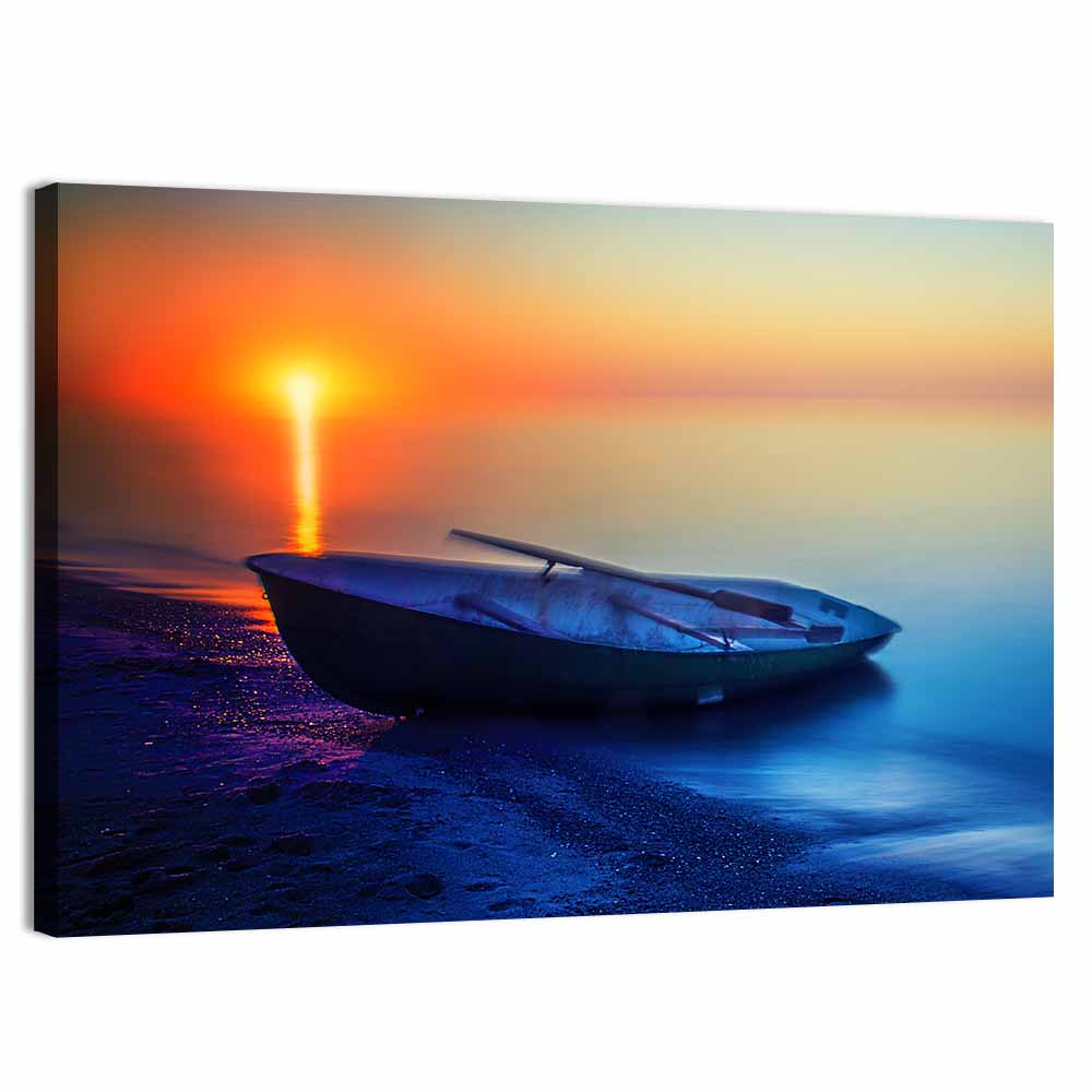 Rowboat on Sandy Shore at Sunset Wall Art