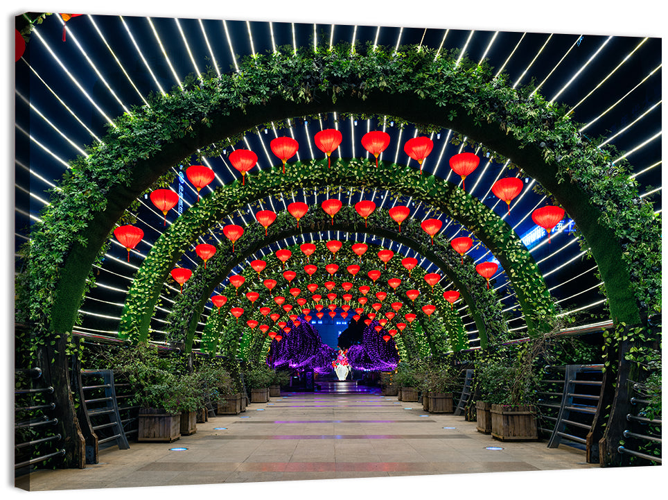 Red Lantern Trellis Tunnel Wall Art, canvas print, landscape