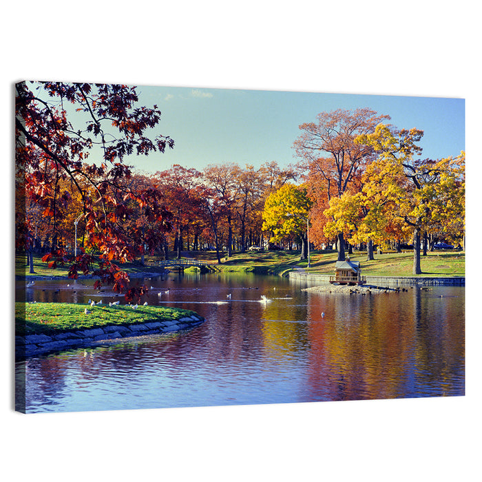 Deering Oaks Autumn Pond Wall Art as a canvas print