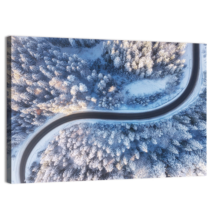 Winding Snow-covered Forest Road Wall Art as a canvas print
