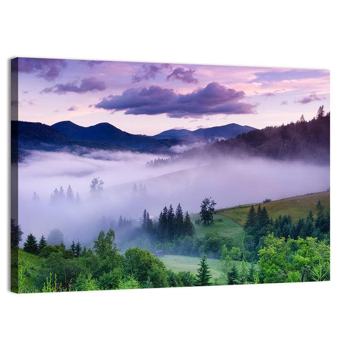 Misty Mountain Valley at Twilight Wall Art as a canvas print
