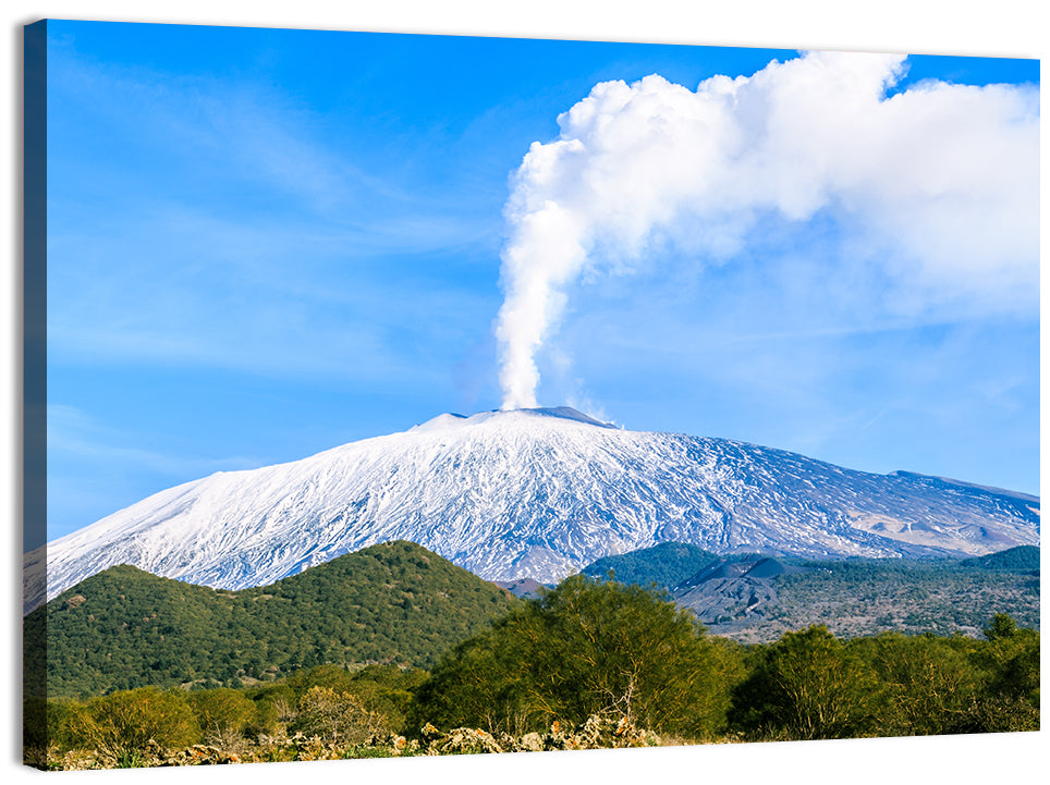 Snow-capped Mount Etna with Volcanic Plume Wall Art