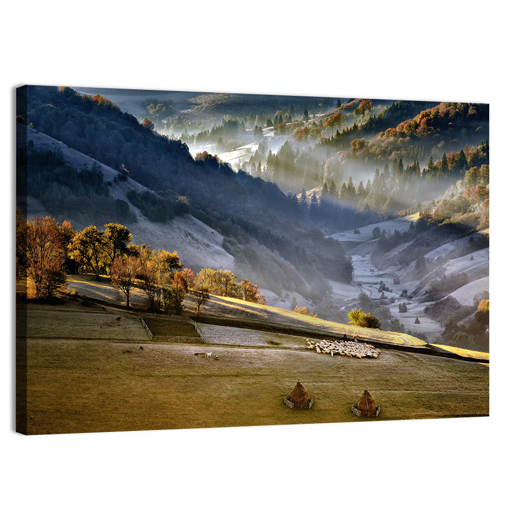 Mountain Village in Morning Mist Wall Art, canvas print, landscape