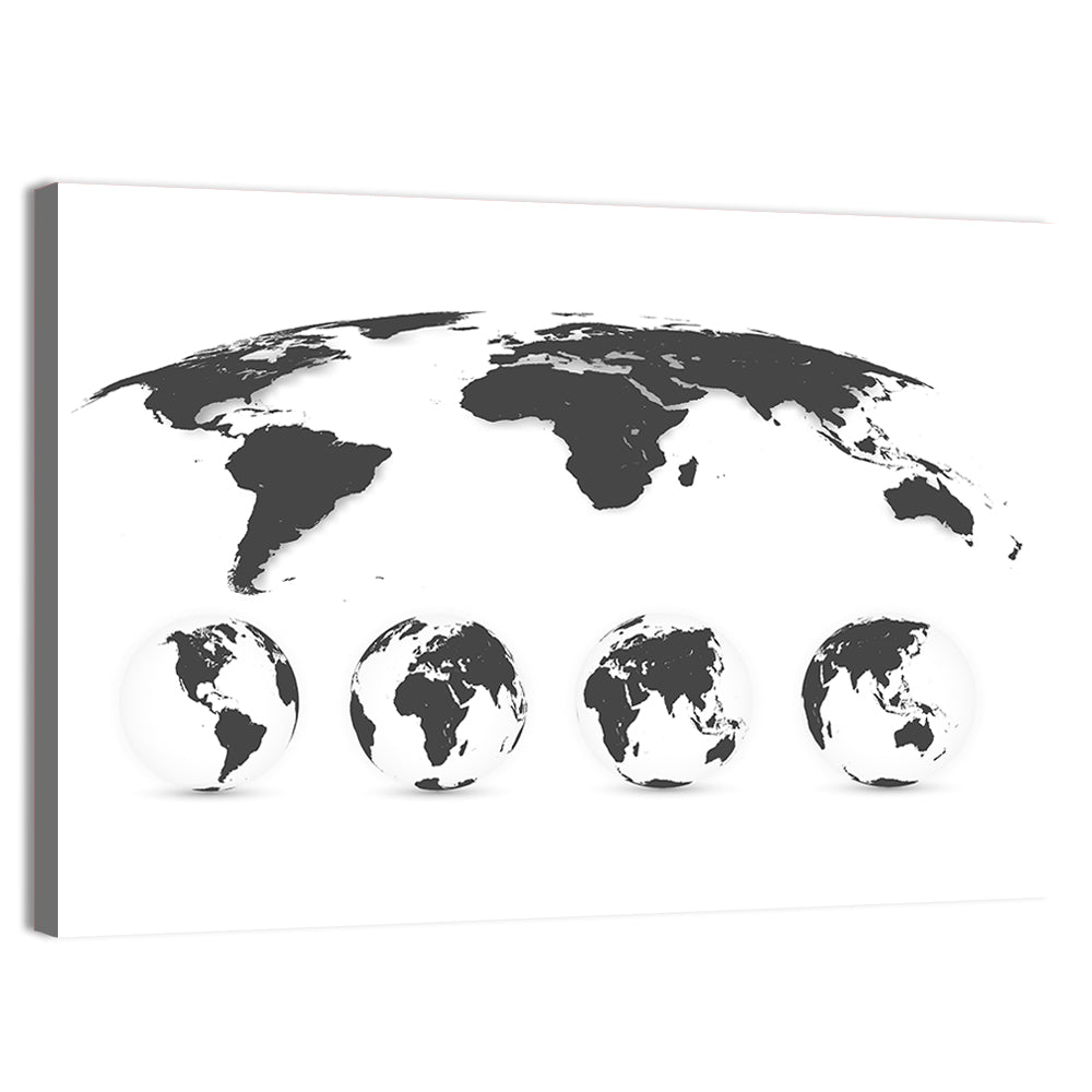 Stylized World Map and Globe Icons Wall Art, canvas print, landscape