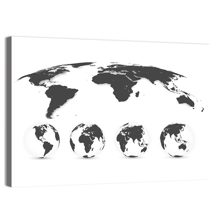 Stylized World Map and Globe Icons Wall Art as a canvas print