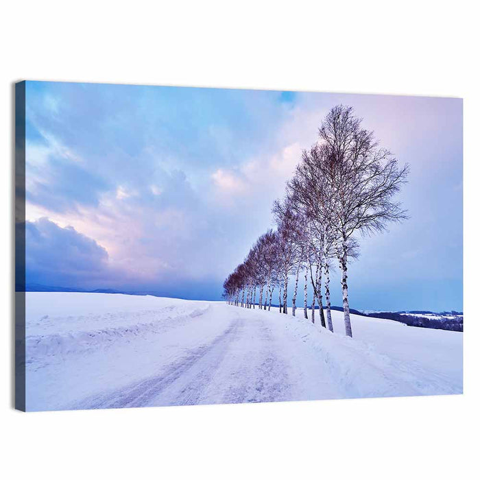 Snowy Birch Road in Hokkaido Wall Art as a canvas print