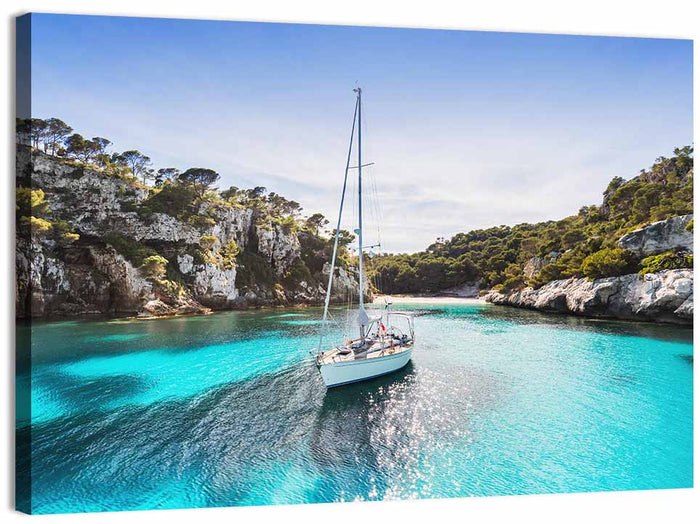 Menorca Cove Sailboat Wall Art as a canvas print
