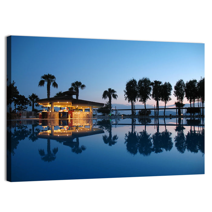 Twilight Poolside Bar Wall Art as a canvas print