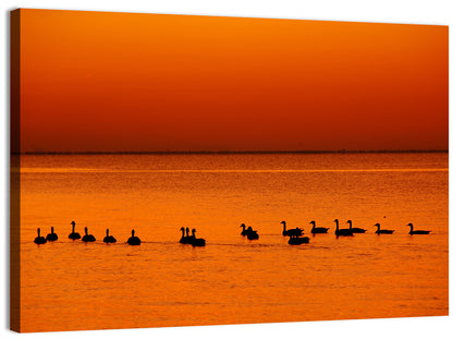 Geese Silhouettes at Orange Sunset Wall Art