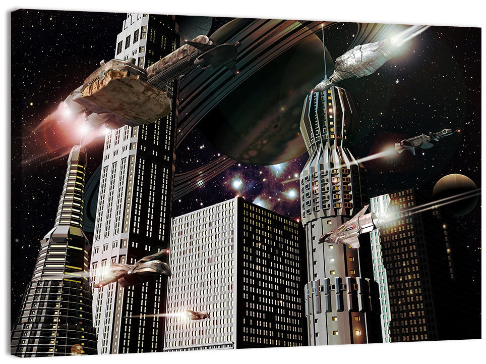 Ringed Planet Cityscape Wall Art