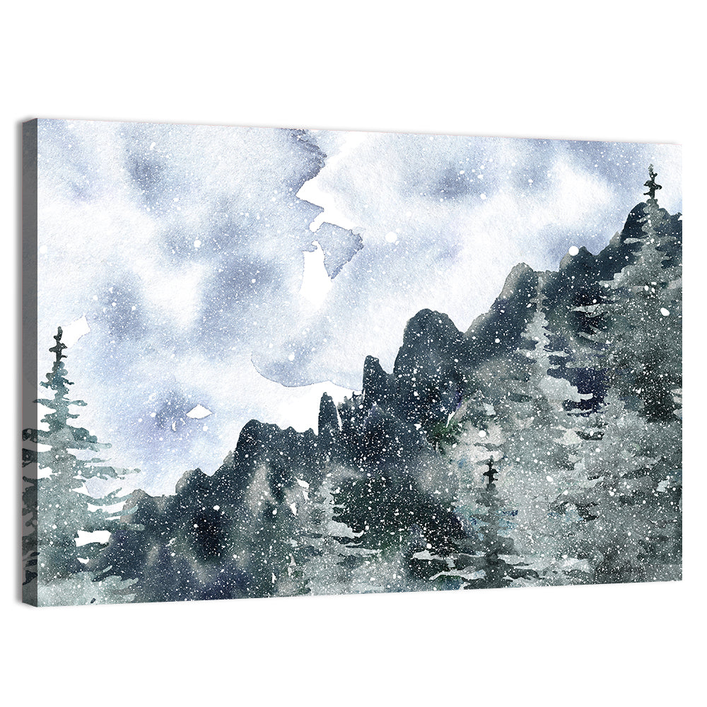 Snowfall Mountain Forest Illustration Wall Art