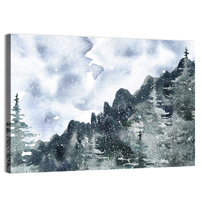 Snowfall Mountain Forest Illustration Wall Art