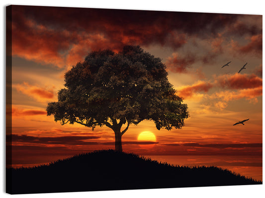 Lone Tree at Sunset with Birds Wall Art