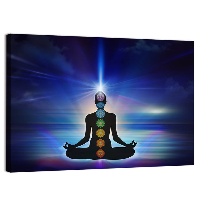Lotus Pose with Chakra Symbols Wall Art as a canvas print