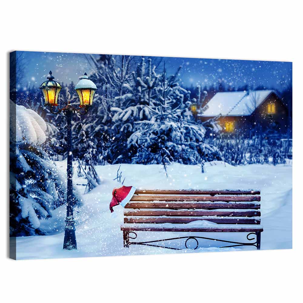Snowy Bench in Winter Forest Wall Art