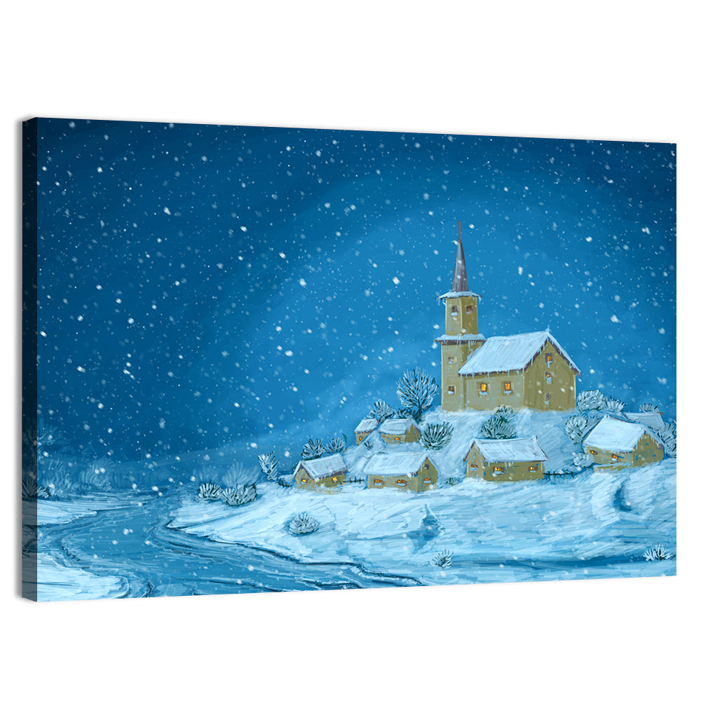 Snowy Village Church at Night Wall Art