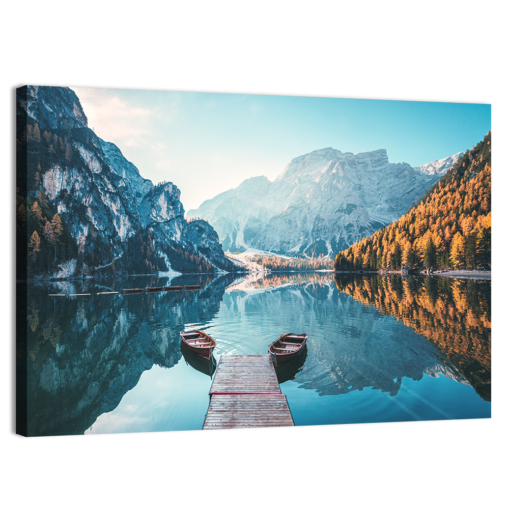 Lago Di Braies Dock and Dolomites Wall Art