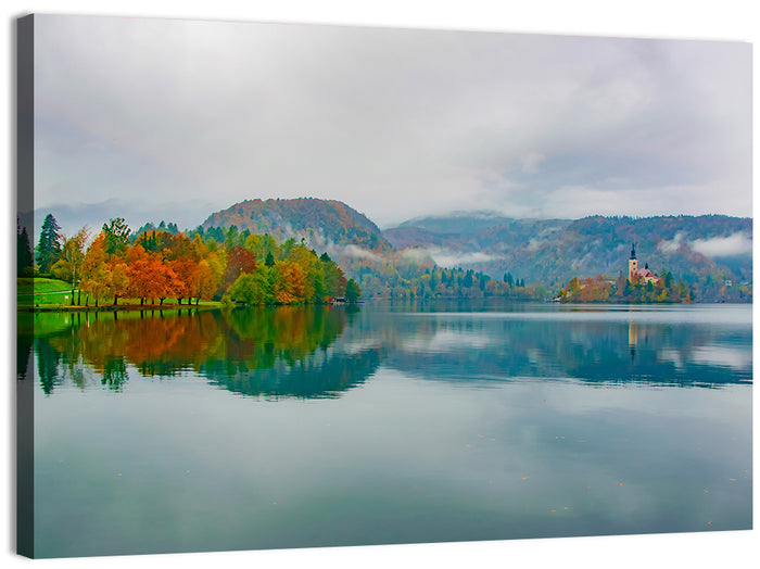 Lake Bled Island Church Wall Art as a canvas print