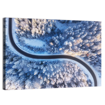 Snowy Forest Road at Golden Hour Wall Art