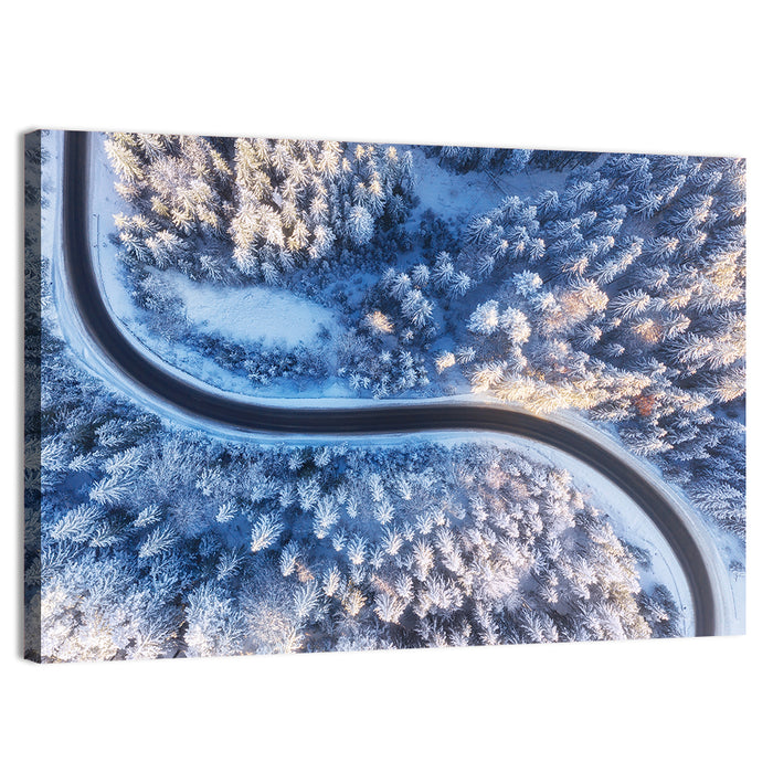 Snowy Forest Road at Golden Hour Wall Art as a canvas print