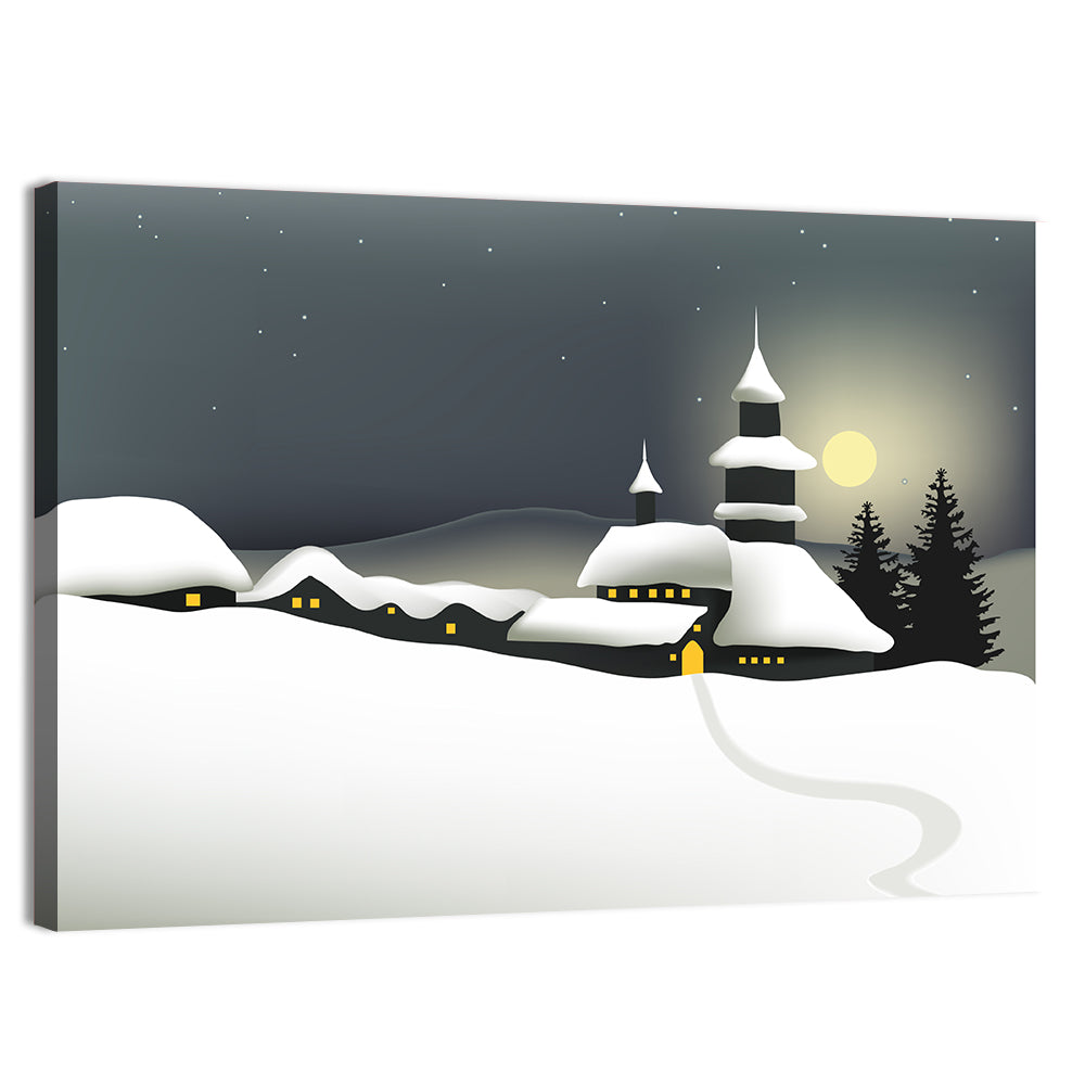 Moonlit Winter Village Illustration Wall Art, canvas print, landscape