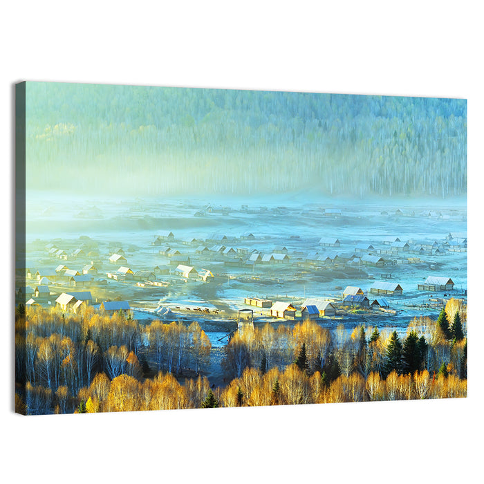Misty Xinjiang Village Wall Art as a canvas print