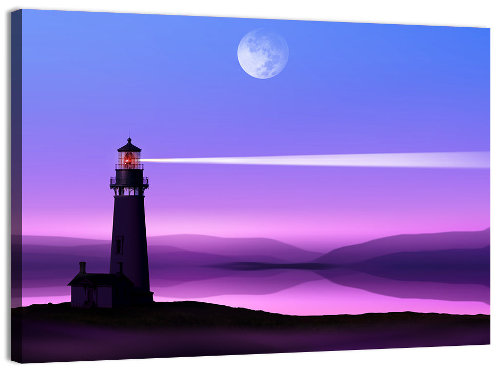Moonlit Lighthouse Reflection Wall Art, canvas print, landscape