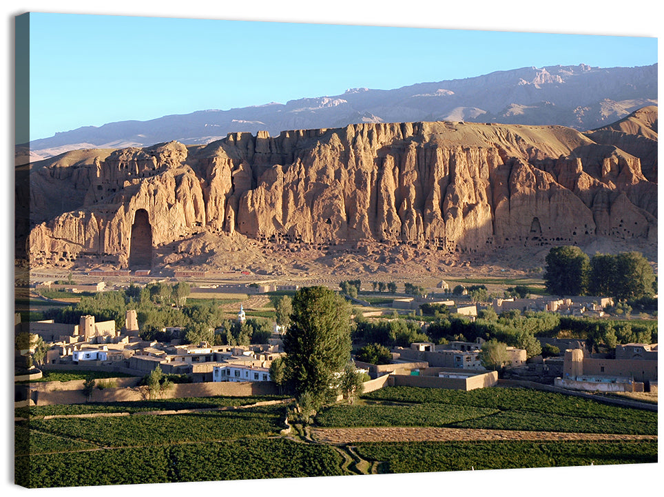 Bamiyan Valley Cliff Niche at Golden Hour Wall Art, canvas print, landscape