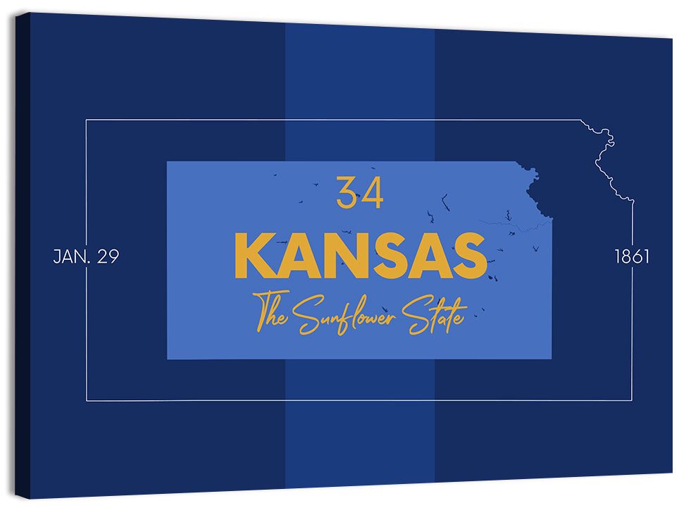 Kansas Typographic Map, Blue and Gold Wall Art, canvas print, landscape
