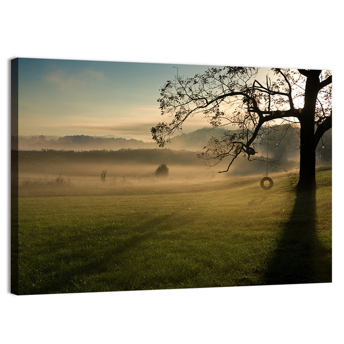 Tire Swing in Morning Mist Wall Art as a canvas print