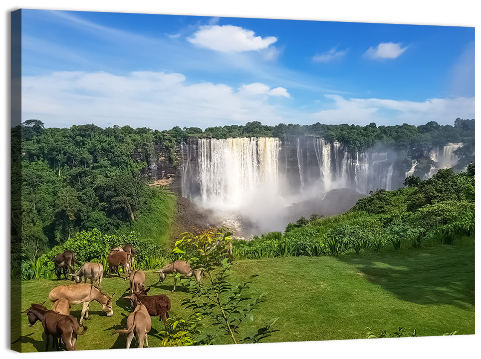 Kalandula Falls and Grazing Donkeys Wall Art, canvas print, landscape