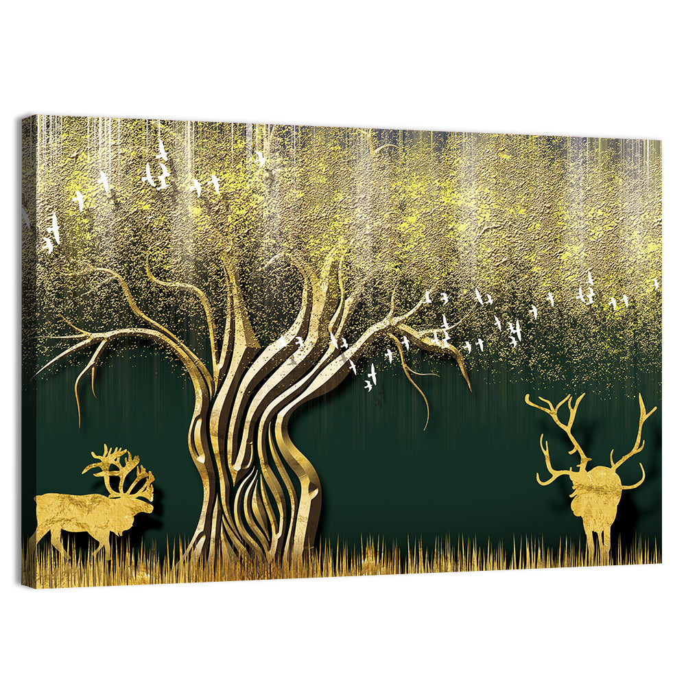 Golden Deer and Tree Illustration Wall Art