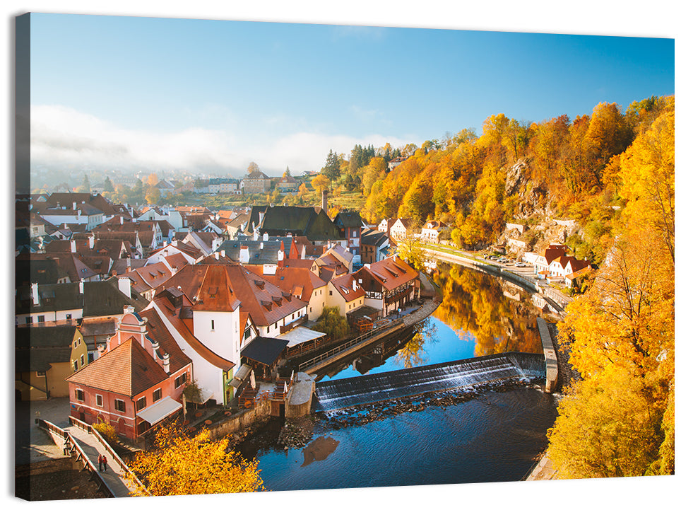 Český Krumlov River Weir in Autumn Wall Art, canvas print, landscape