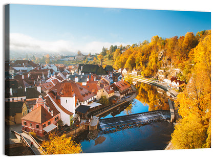 Český Krumlov River Weir in Autumn Wall Art