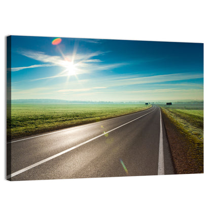 Sunlit Road Through Green Field Wall Art