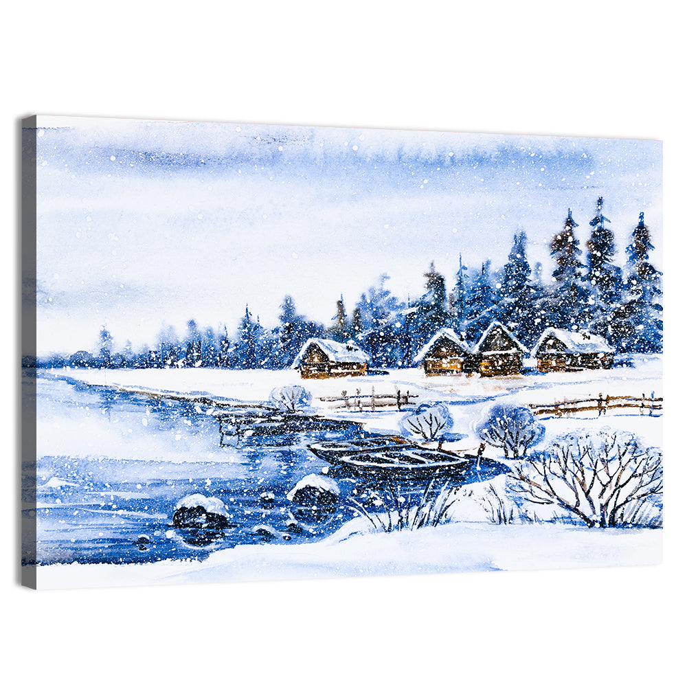 Snowy Village by Frozen Lake Wall Art