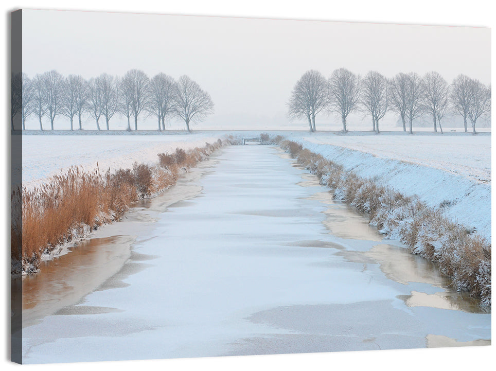 Frozen Canal with Bare Trees Wall Art, canvas print, landscape