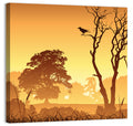 Golden Mist Tree Silhouettes with Crow Wall Art