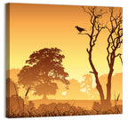 Golden Mist Tree Silhouettes with Crow Wall Art