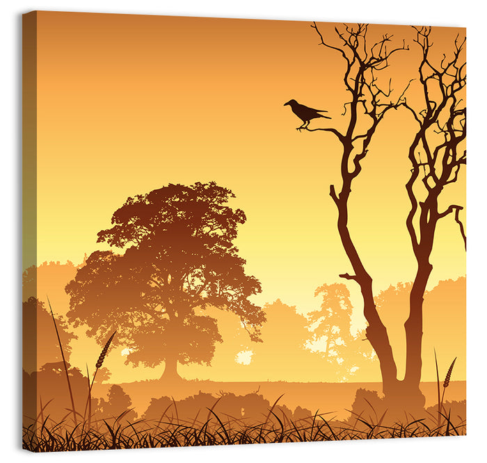 Golden Mist Tree Silhouettes with Crow Wall Art as a canvas print