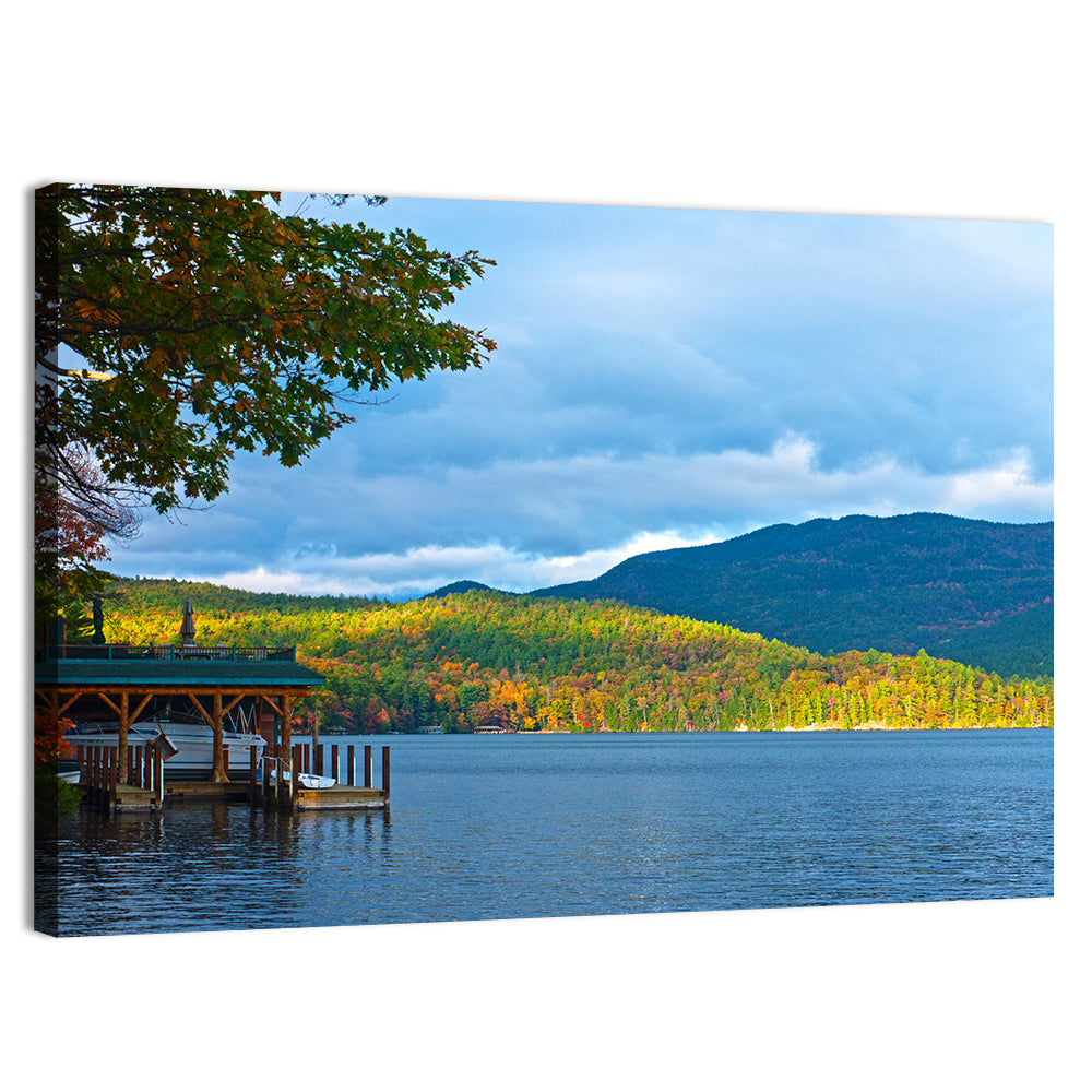 Lake George Boathouse in Autumn Wall Art, canvas print, landscape