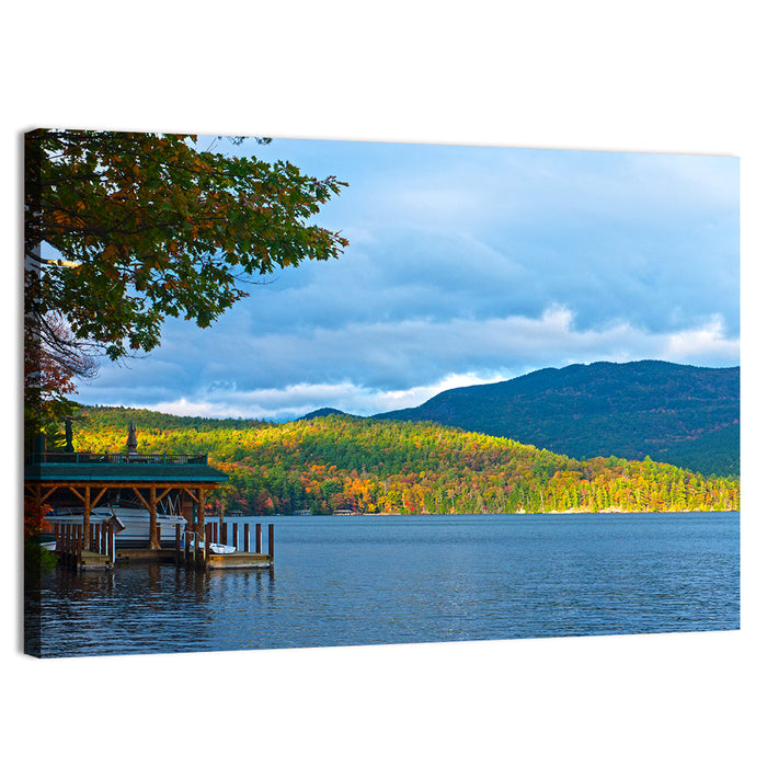 Lake George Boathouse in Autumn Wall Art as a canvas print