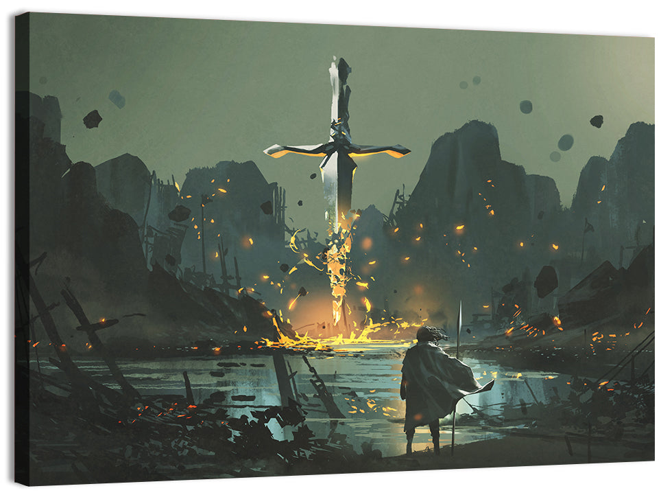 Melting Sword with Cloaked Traveler Wall Art, canvas print, landscape