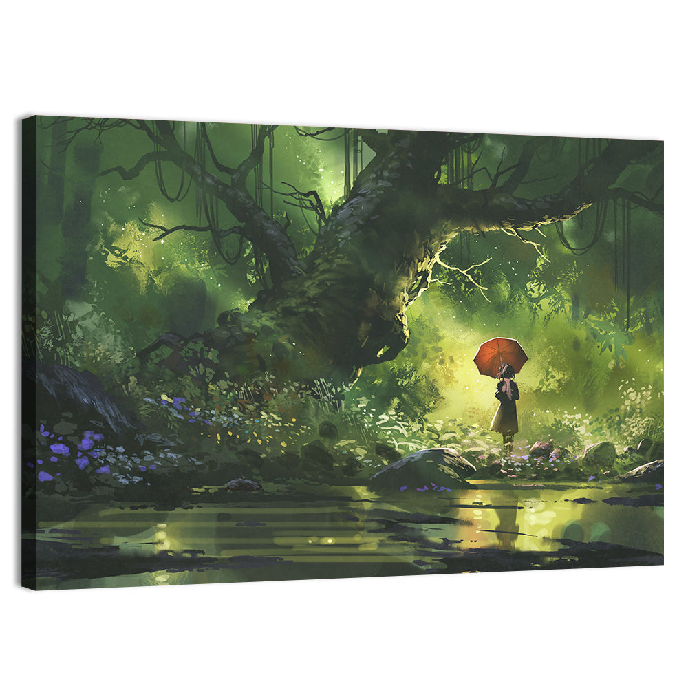 Girl with Umbrella in Mysterious Forest Wall Art