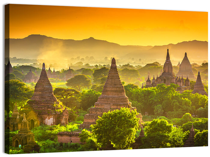 Bagan Golden Hour Temples Wall Art as a canvas print